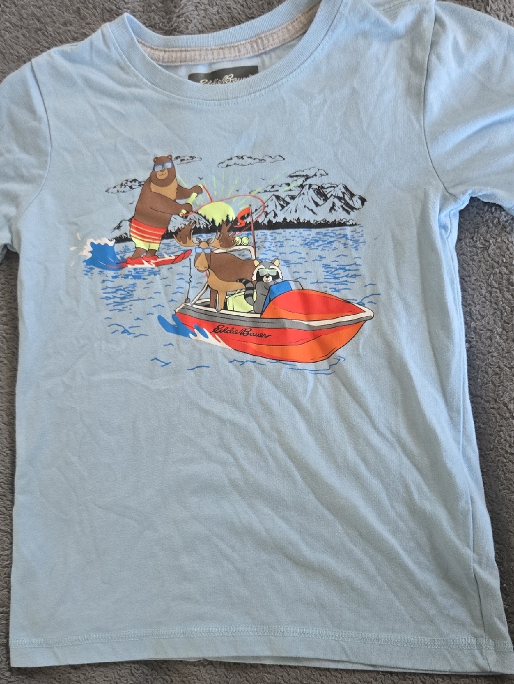 S 5-6 (XS) Eddie Bauer Light Blue Lake Animals Boat Graphic Short Sleeved Tee